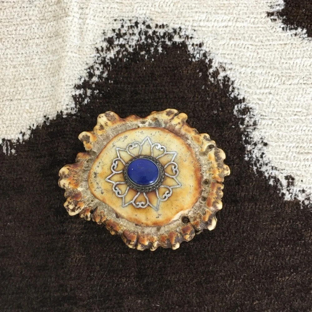 Vintage Handmade Western Antler Belt Buckle Blue Lapis Louise Signed Shanti